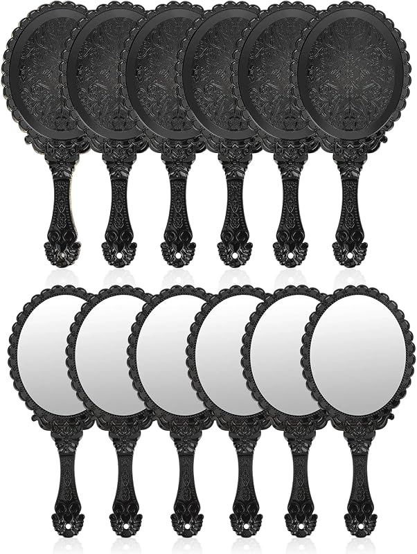YUSONG Espelho de Mão Preto com Alça e Moldura Decorada, Redondo, 20,07 cm x 11,43 cm, Pacote com 12