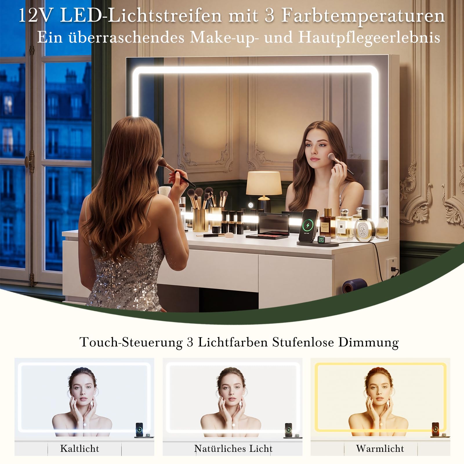 Devoko Schminktisch mit Beleuchtung und Hocker, 115cm Schminktisch mit Spiegel, 7 Schubladen & Steckdose, Moderner Frisiertisch mit LED Licht, Makeup Tisch mit Stuhl, Weiß