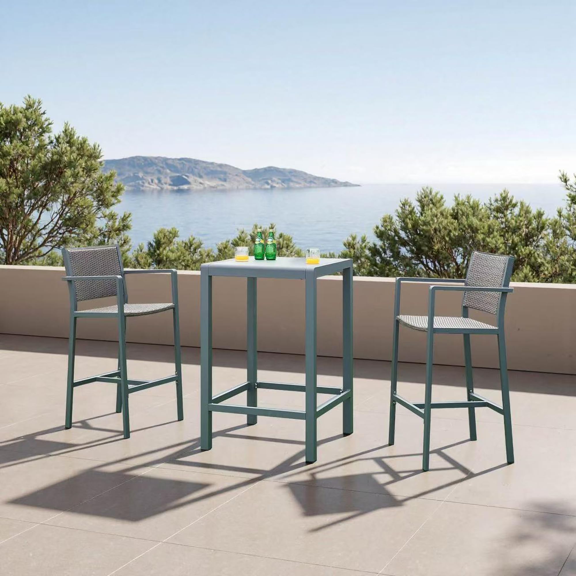 casa.pro Set de Muebles de Jardín Exterior Avise 3 Piezas - 1 Mesa Alta y 2 Taburetes de Bar - Juego Muebles de Bar Interior Exterior Ratán Aluminio Cristal Templado - Antracita/Gris Oscuro