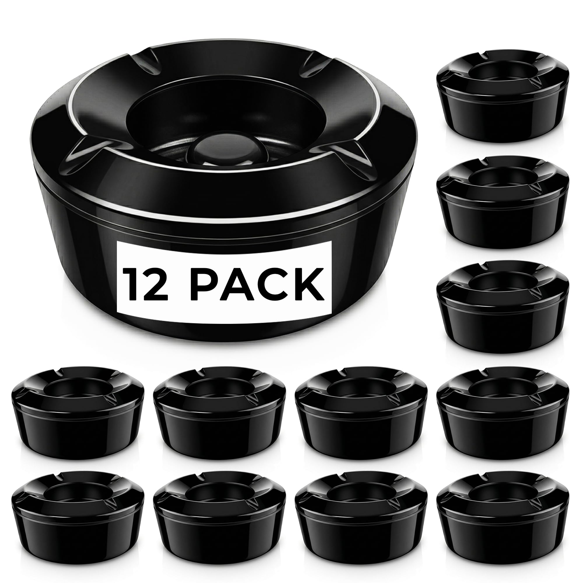 Chabrias Ltd Melamine Windproof Ashtray with Locking Lid - 12 Pack - Black Outdoor Ashtray for Pub Beer Garden Patio Smoking Areas Lightweight Commercial Cigarette Ash Tray + Screw Lid Bulk - 12 Pack