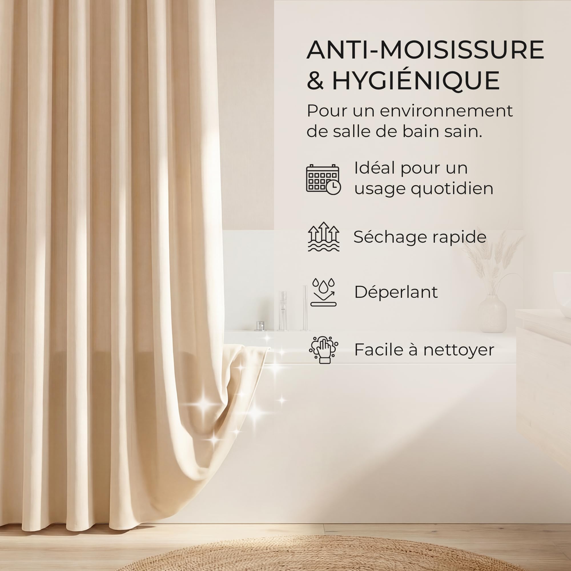 Rideau de Douche Lin Texturé 180x200 Beige – 230 GSM Imperméable | Usage polyvalent : baignoire, douche italienne, camping, balcon, hôtel, salle de sport