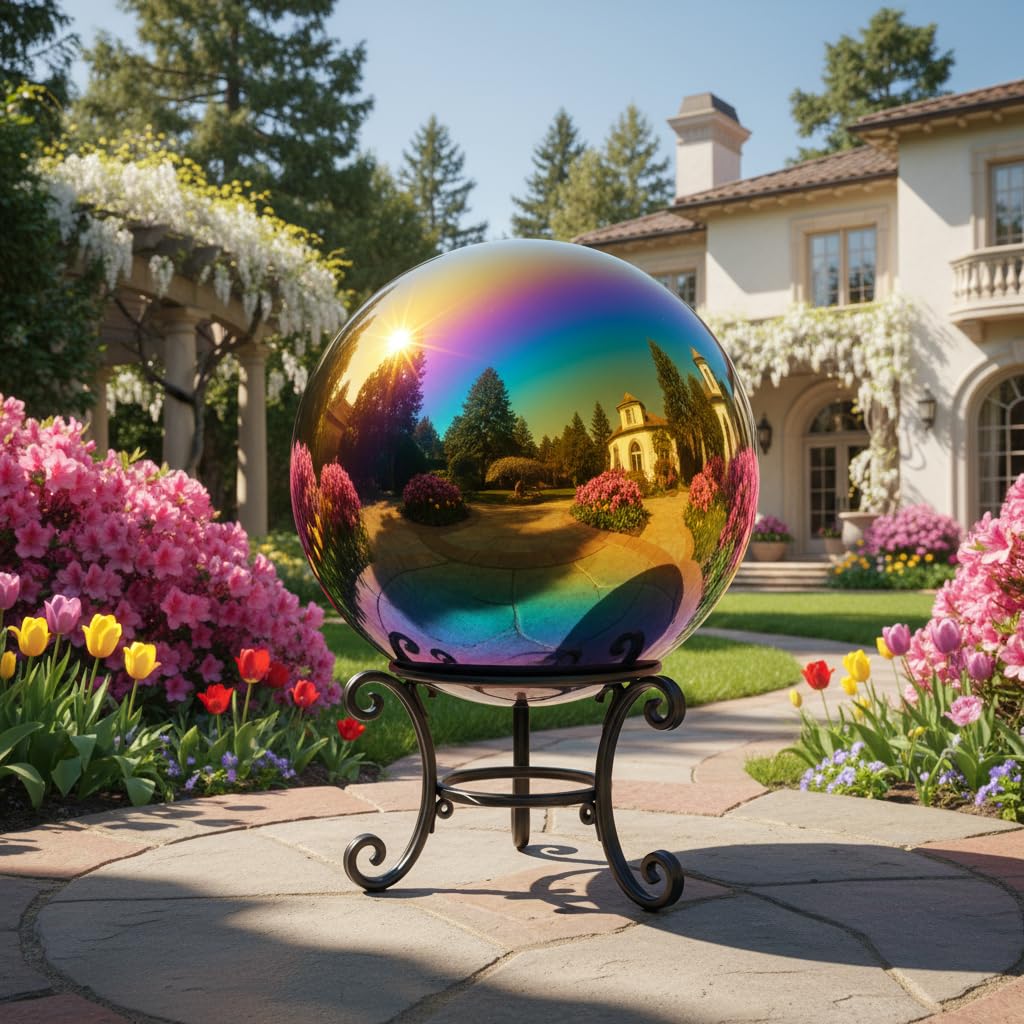 30 cm große Gartenkugel, Regenbogen-Edelstahl, poliert, reflektierend, glatt, hohl, Kugelkugel, langlebig, bunt und glänzend, Dekoration für Garten, Terrasse, Hof, Zuhause