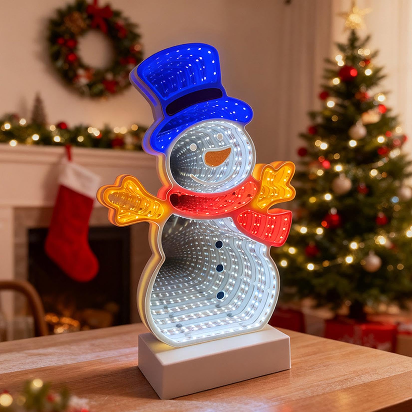 Christmas Tree Infinity Light, LED Mirror Tunnel 3D Effect Decoration with Neon Sign lamp, Hanging Indoor Front Door Wall Decoration, Mini Infinity Light for Bedroom Decor Party Gift (Snowman)