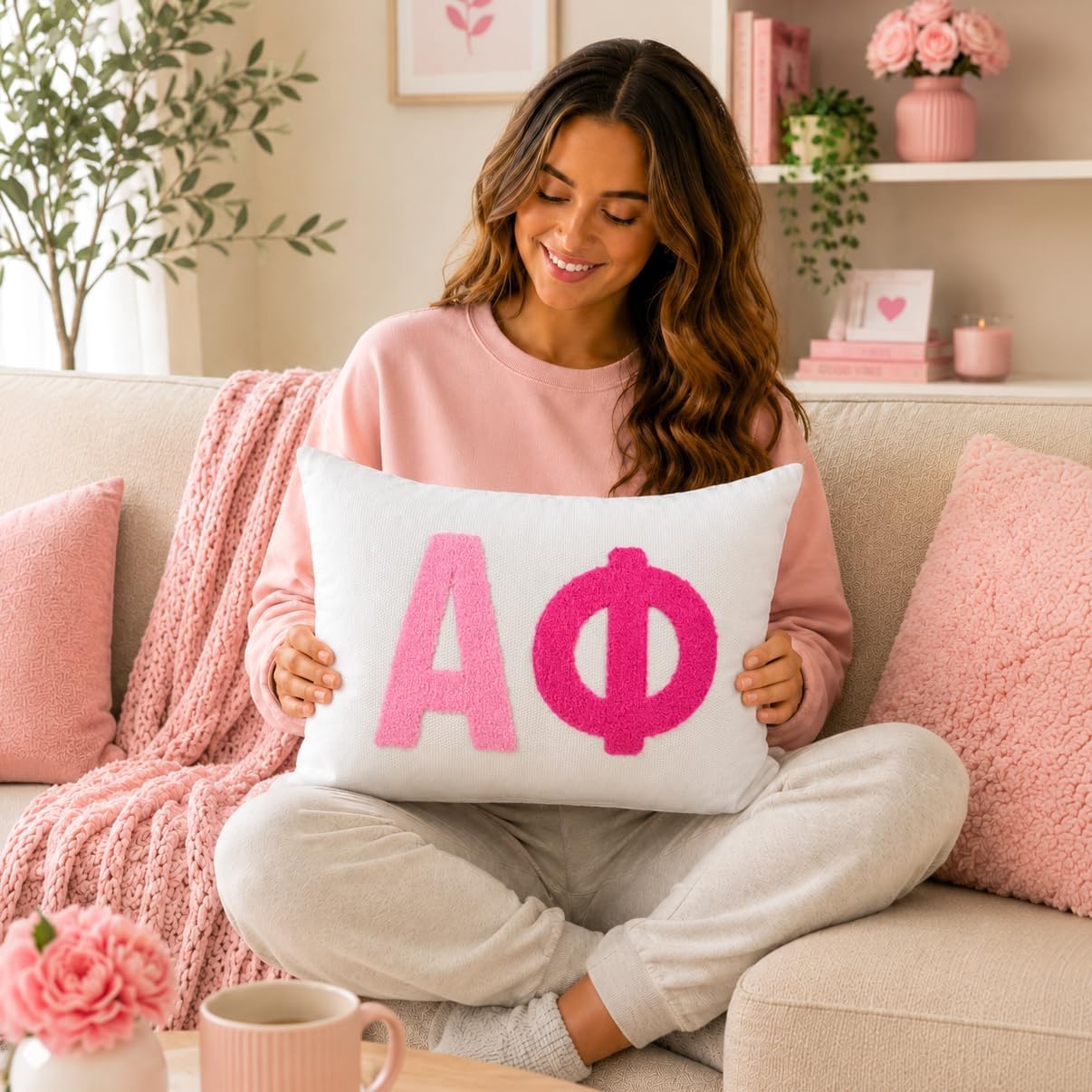 Sorority Shop Alpha Phi Pillow – Embroidered Plush Greek Letters Design, 12" x 16" Lumbar Pillow, Alpha Phi Decorative Sorority Gift