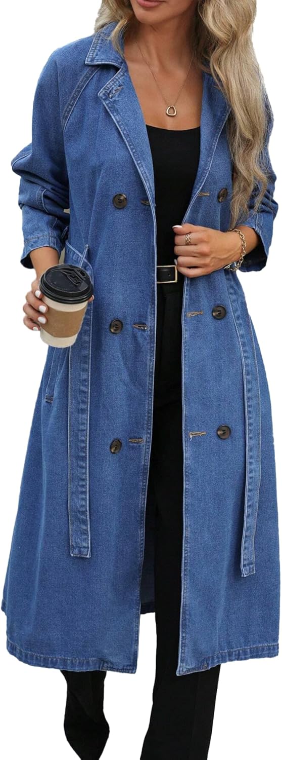 Womens Long Denim Jacket Plus Size Lapel Collar Long Sleeve Trench Coat Button Down Over Knee Tunic Outerwear