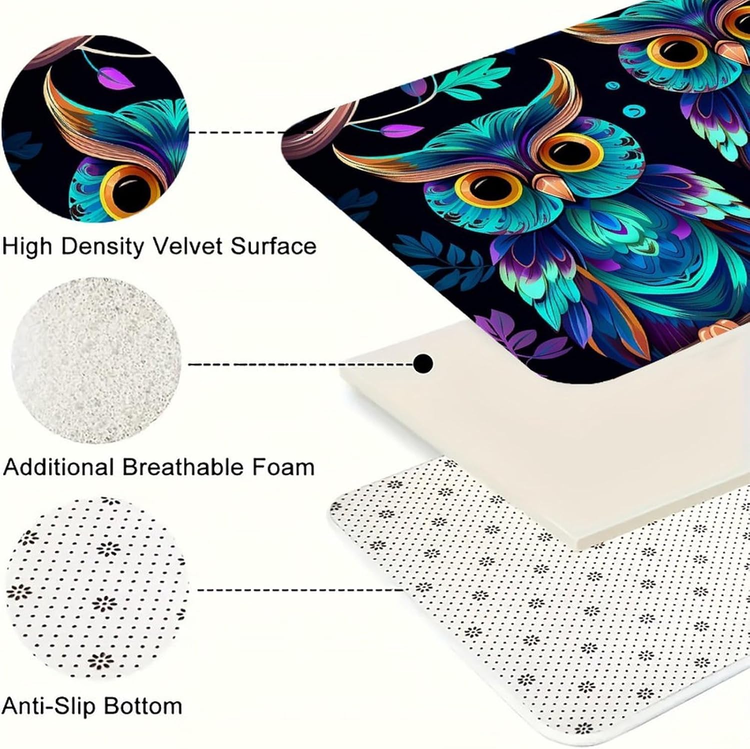 Purple and Green Owl Kitchen Mats for Floor 3 Pcs Kitchen Rugs