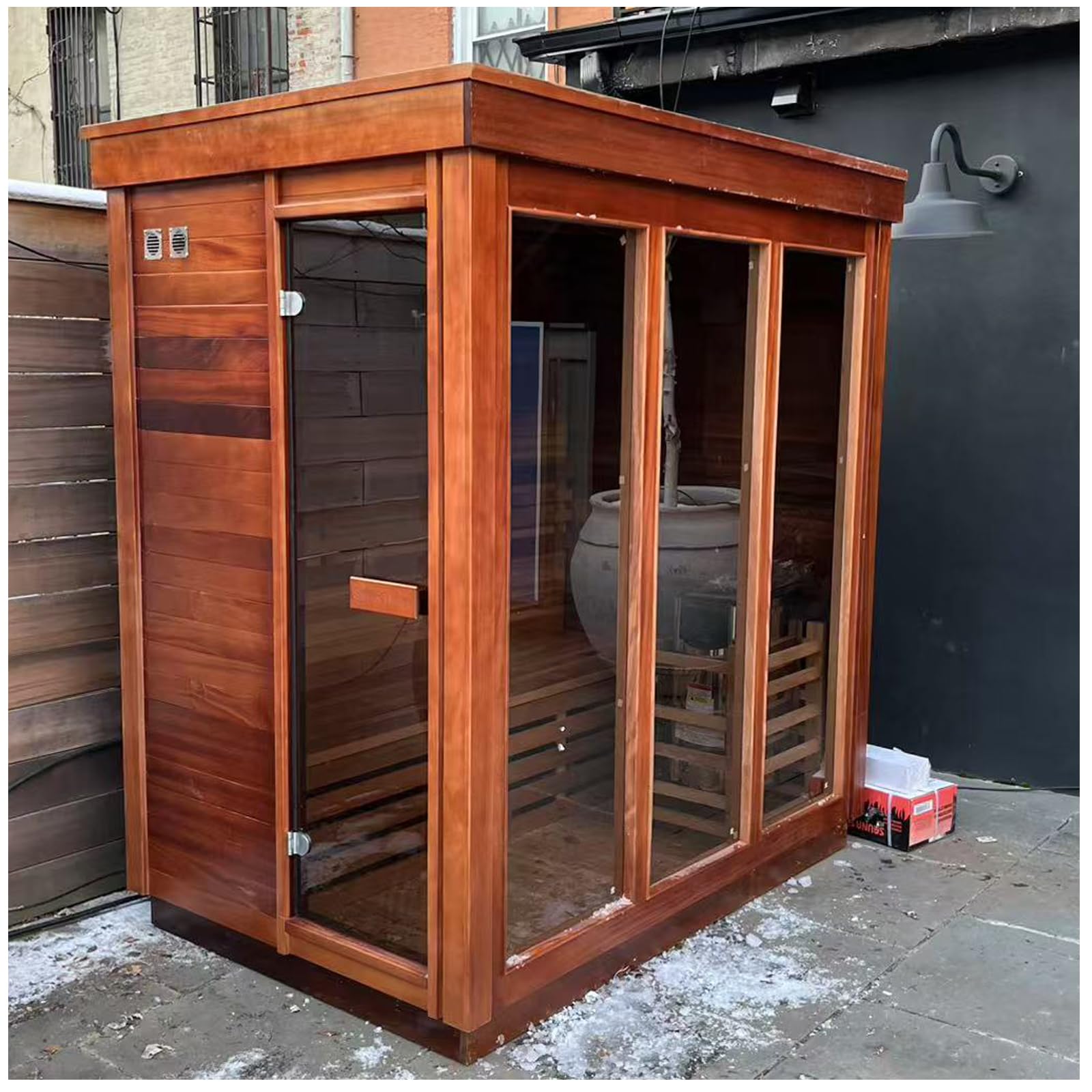 Smartmak Outdoor Steam Sauna, 4 Person Canadian Red Cedar Wood Sauna Room, Traditional Saunas with 220V ETL-Certified Heater, Backrest Headrest, Rocks, Light Included, 195℉