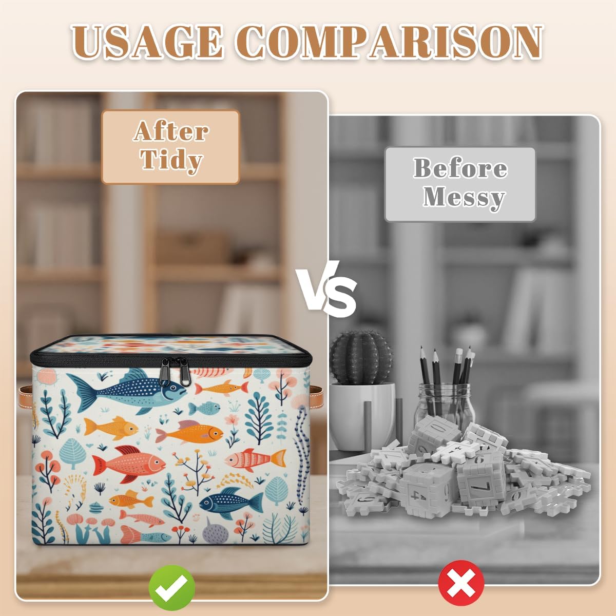 Storage Bin Set of 2 Tropical Fish Coral Storage Basket with Zipper Lid & Handle Foldable Closet Shelf 2 Pack Cloth Organizer Basket Cube Bins Clothes Organizer for Nursery, Bedroom