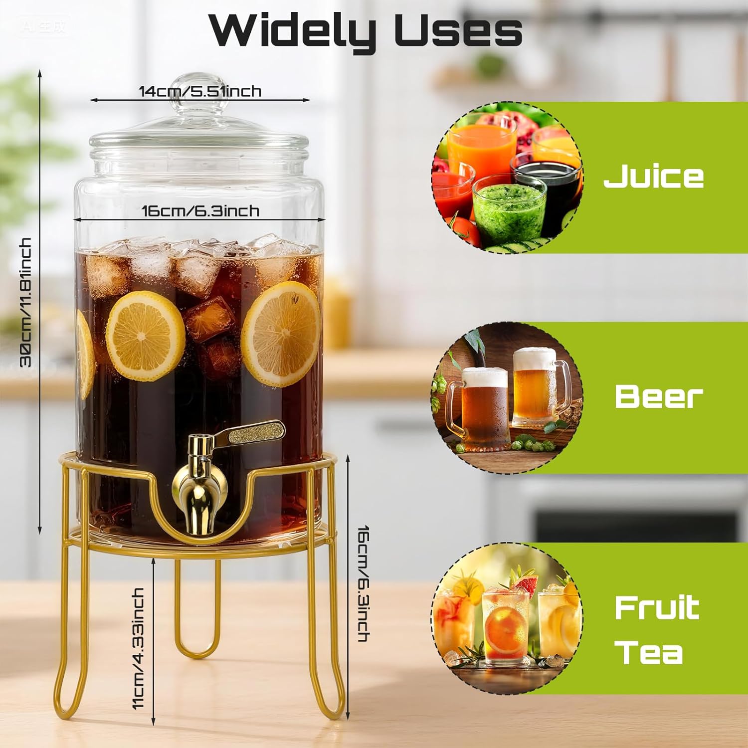 DHSBTLS 1 Gallon Glass Drink Dispensers, Round Beverage Dispenser for Party, BBQ and Picnic, Clear Airtight Juice Dispenser with Golden Stand, Stainless Steel Spigot, Markers and Chalkboard - Image 3