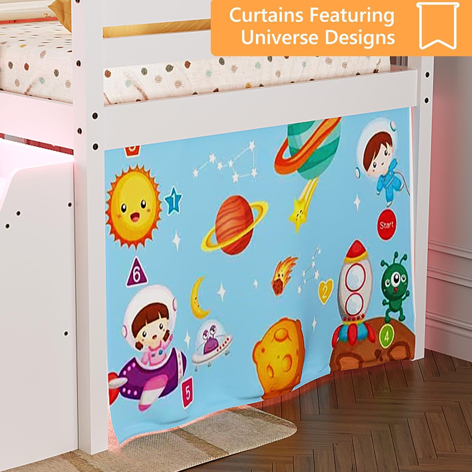 Close-up image of the removable curtain on the JOYMOR Low Loft Bed, featuring a colorful universe design.