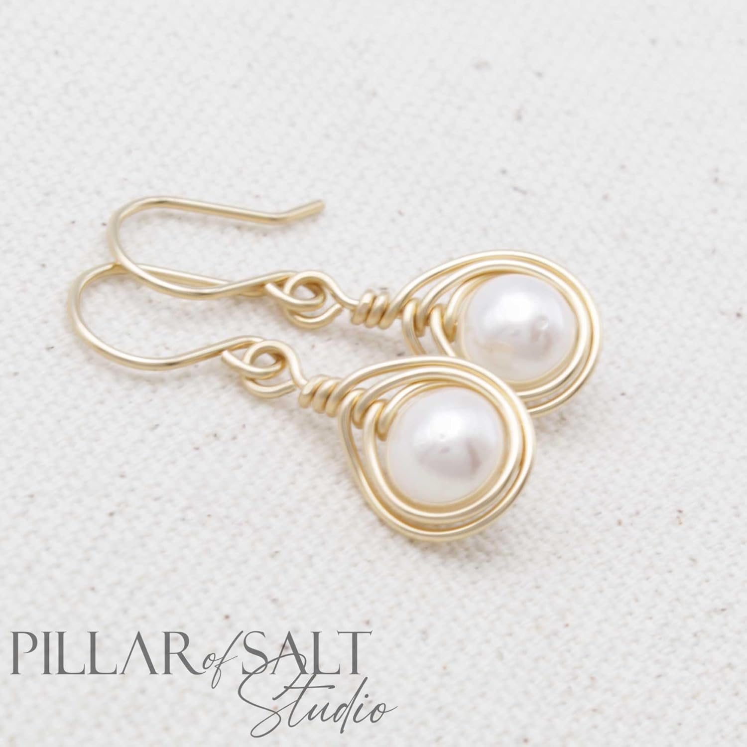 Pillar of Salt Studio Handcrafted Earrings Yellow Gold-filled Wire Wrap with Freshwater Pearls (White, 3/4" drop)