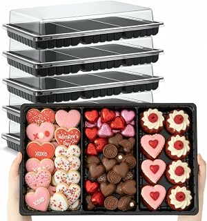 Shellwei 5 Pack Valentine's Day Charcuterie Board with Lid 3 Section Divided Cookie Trays Large 15 x 10 Inch Disposable Travel Catering Serving Trays Platter (Black)