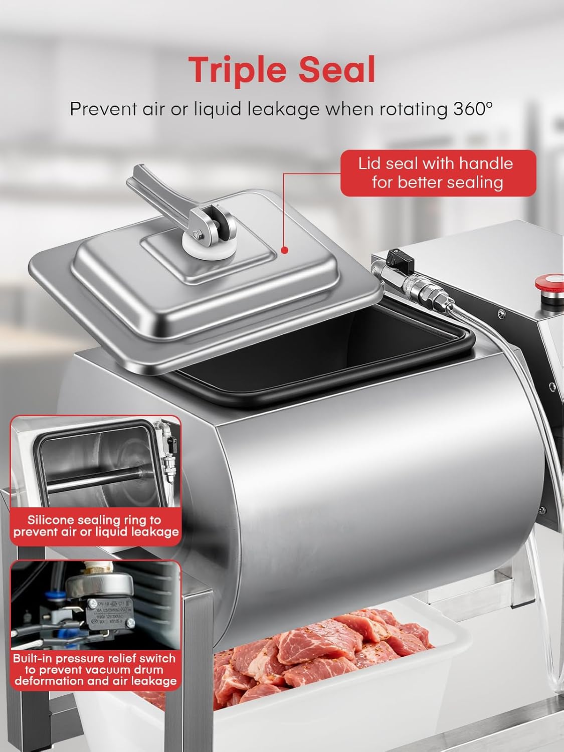 Vacuum Tumbler Marinating Machine, 20L Commercial Meat Tumbler Marinator with Bidirectional Rotation and 3-Speed, Stainless Steel Vacuum Curing Machine for Chicken Steak Pork, Restaurant