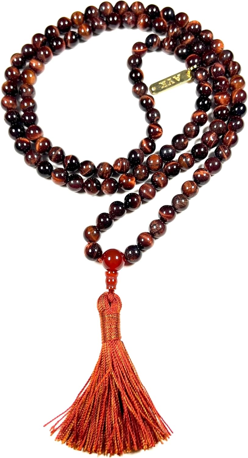 Tiger Eye Tiger's Eye Mala Beads Necklace 3rd Chakra Throat Chakra Healing Crystals 108 Prayer Beads - Grounding Integrity Will Power Intution Insomnia Libido Powerful (RED, Bead size 8 mm)