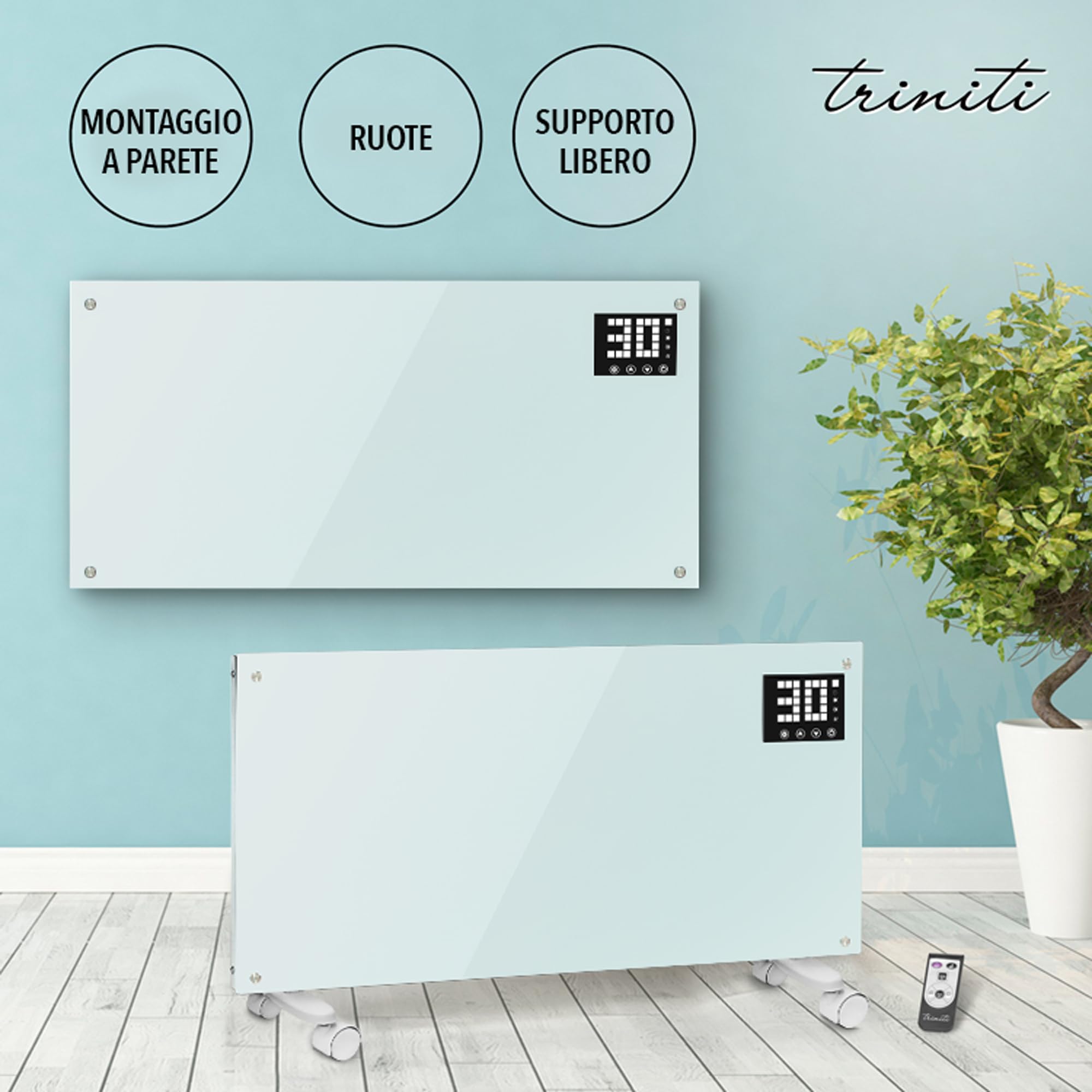 TRINITI Stufa Elettrica Basso Consumo Termostato, Potenza Regolabile, Elegante VETRO TEMPERATO, Display LED, imer, Silenzioso, Sistema Protezione Sicurezza Multiplo, Ruote + Montaggio a Parete, WHITE