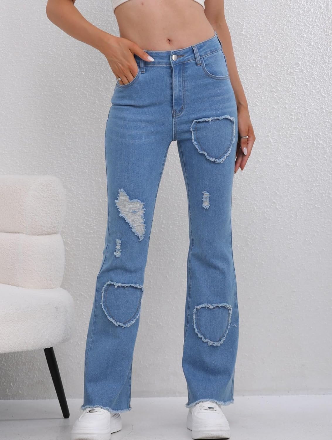 Womens High Waisted Flare Jeans - Heart Design Denim Pants Stretchy Soft Fabric, Casual Daily Wear - Image 7