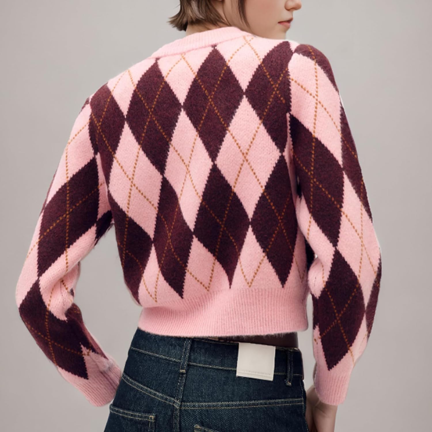 Womens Argyle Preppy Cardigan Sweater Casual Long Sleeve Button Down Color Block Knit Cardigan Spring Fall Knitwears - Image 3