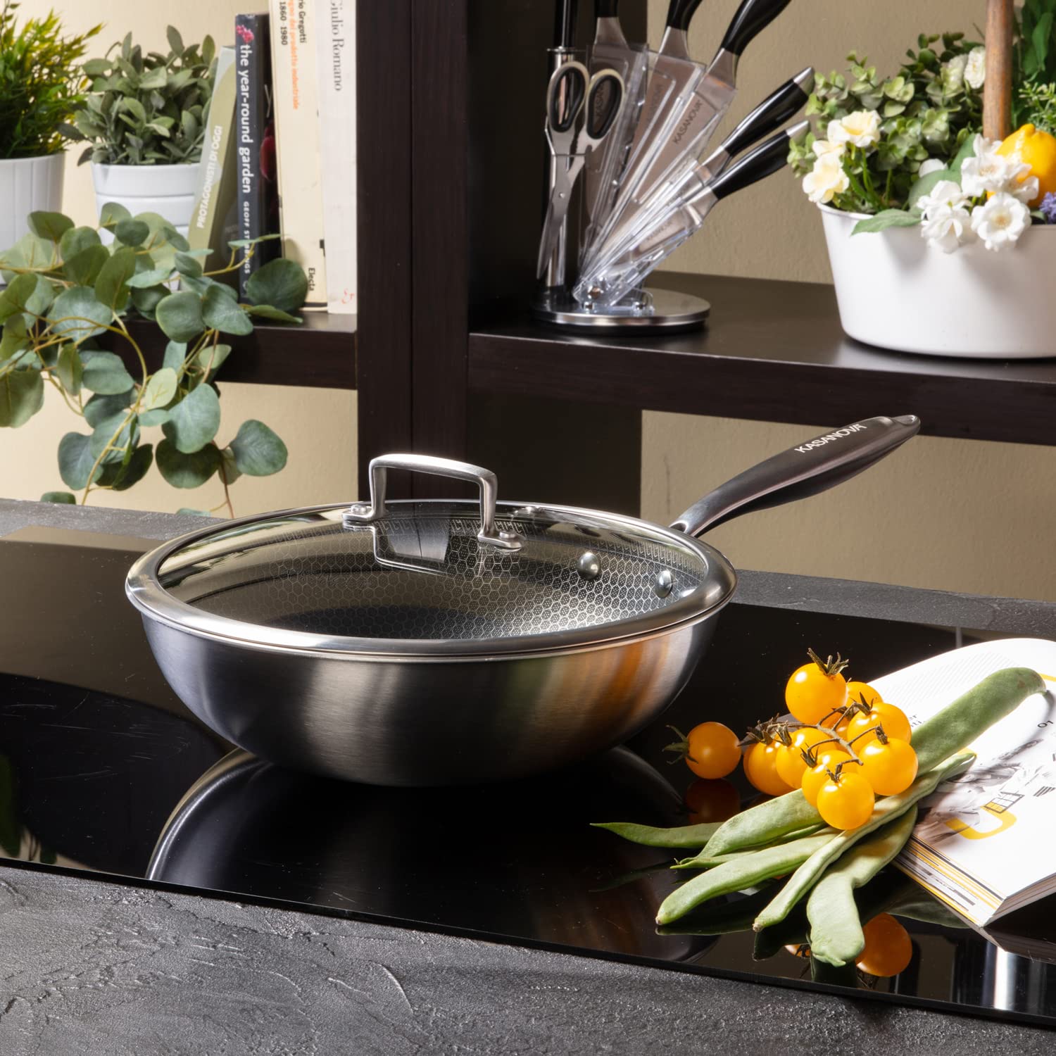 KASANOVA Wok antiaderente con rivestimento nido d'ape 28 cm Tri-ply, con coperchio in vetro