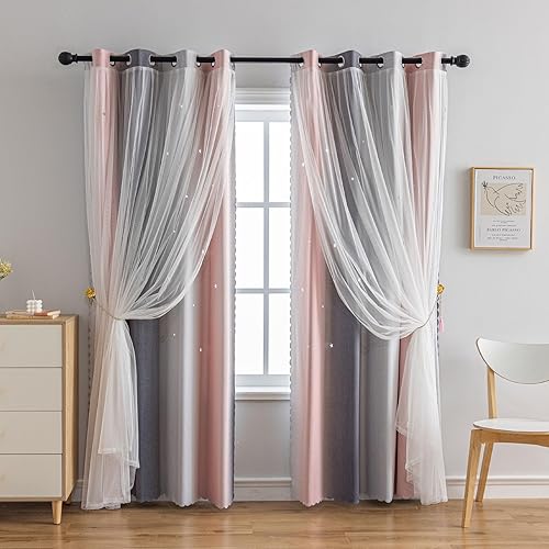 Miniatura 6 de Cortinas para dormitorio de niña y niños con estampado de estrellas y niños, de doble capa, con diseño de arco iris, para oscurecer el cuarto del