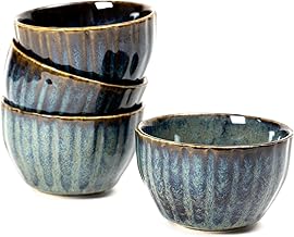 Ceramic Serving Bowl Set of 4, 200 ml | Glossy Finish Microwave Safe Kharbuja, Melon Bowls for Kitchen, Ceramic Dinnerware Katori for Dal, Desserts & Snacks | Set of 4, Blue Brown