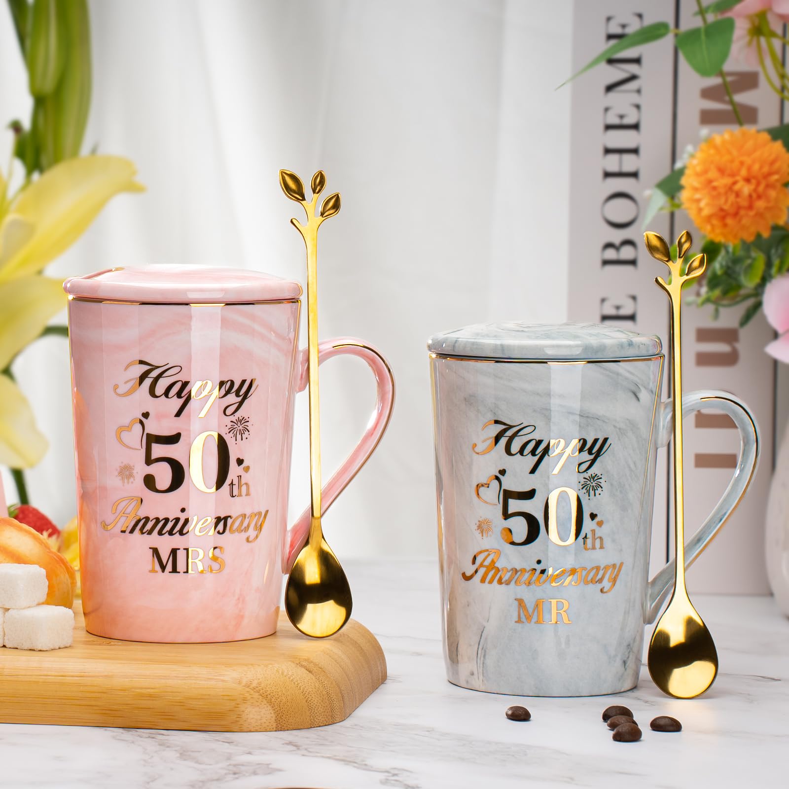 Regalos 50 Aniversario Boda, Regalos para Bodas de oro 2PCS Tazas 400ml, 50 Aniversario Bodas or-o, Bod-as de 50 Aniversario Cerámica Jaspeada Taza con Cucharas, Tarjetas, Cajas de Regal-o