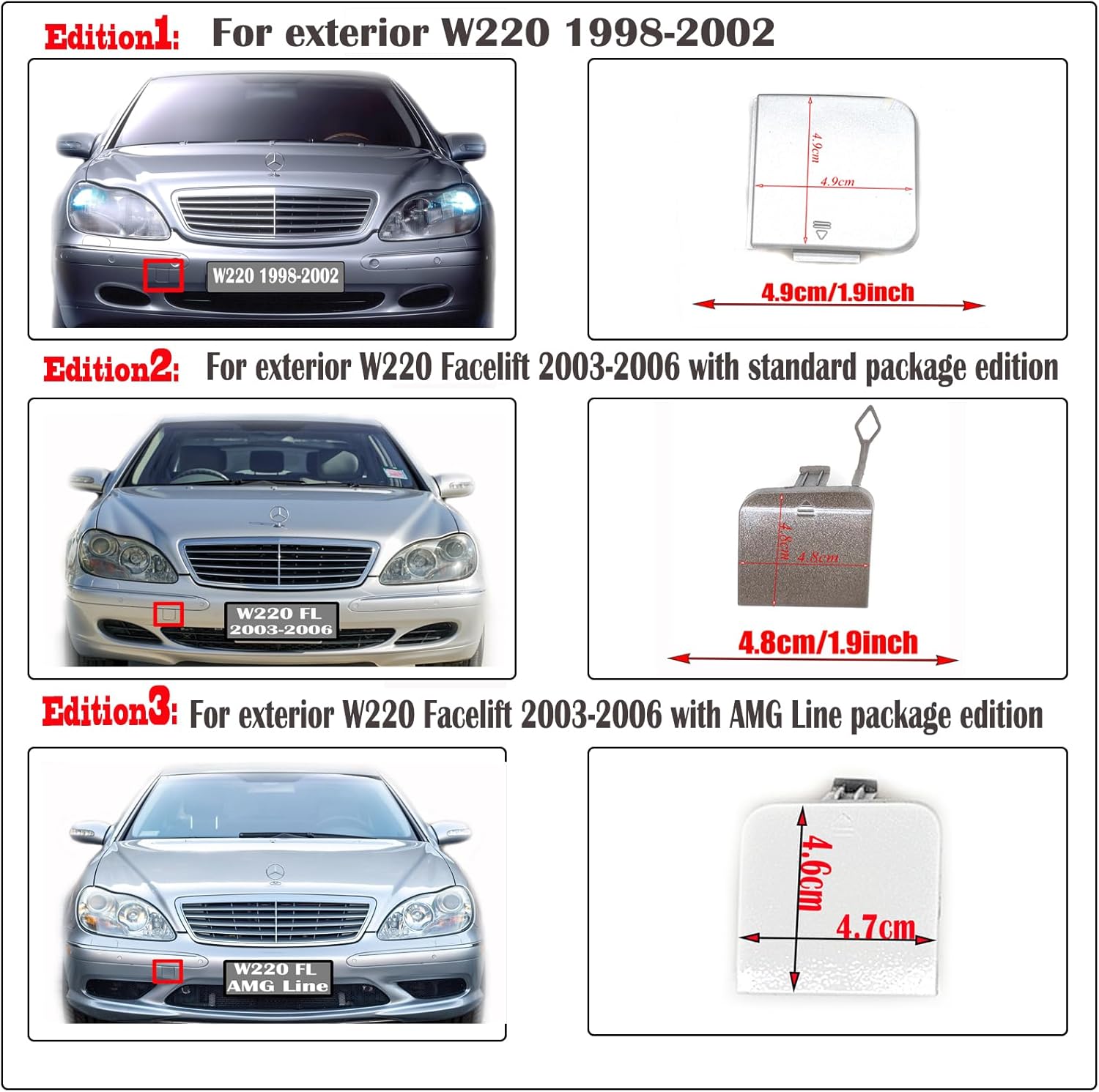 Front Tow Cover for 03-06 Mercedes Benz S Class W220 FL Fit S280 S320 S350 S400 S430 S500 S600 S55 S65 2003 2004 2005 2006 Bumper Towing Hook Eye Cap Black