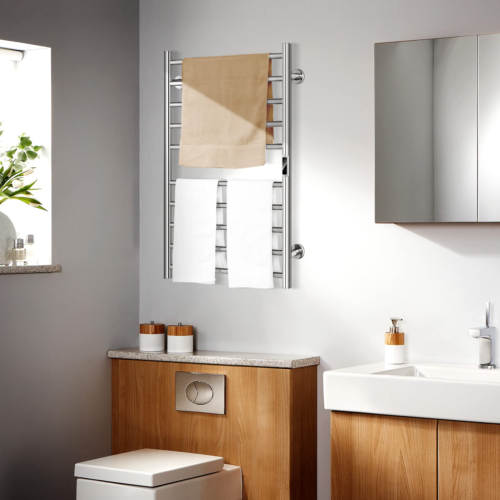GYMAX Scaldasalviette Elettrico a Parete, Porta Asciugamani in Acciaio Inox, Riscalda 30-60 °C, Timer, Include Accessori a Parete, 53 x 11 x 86 cm