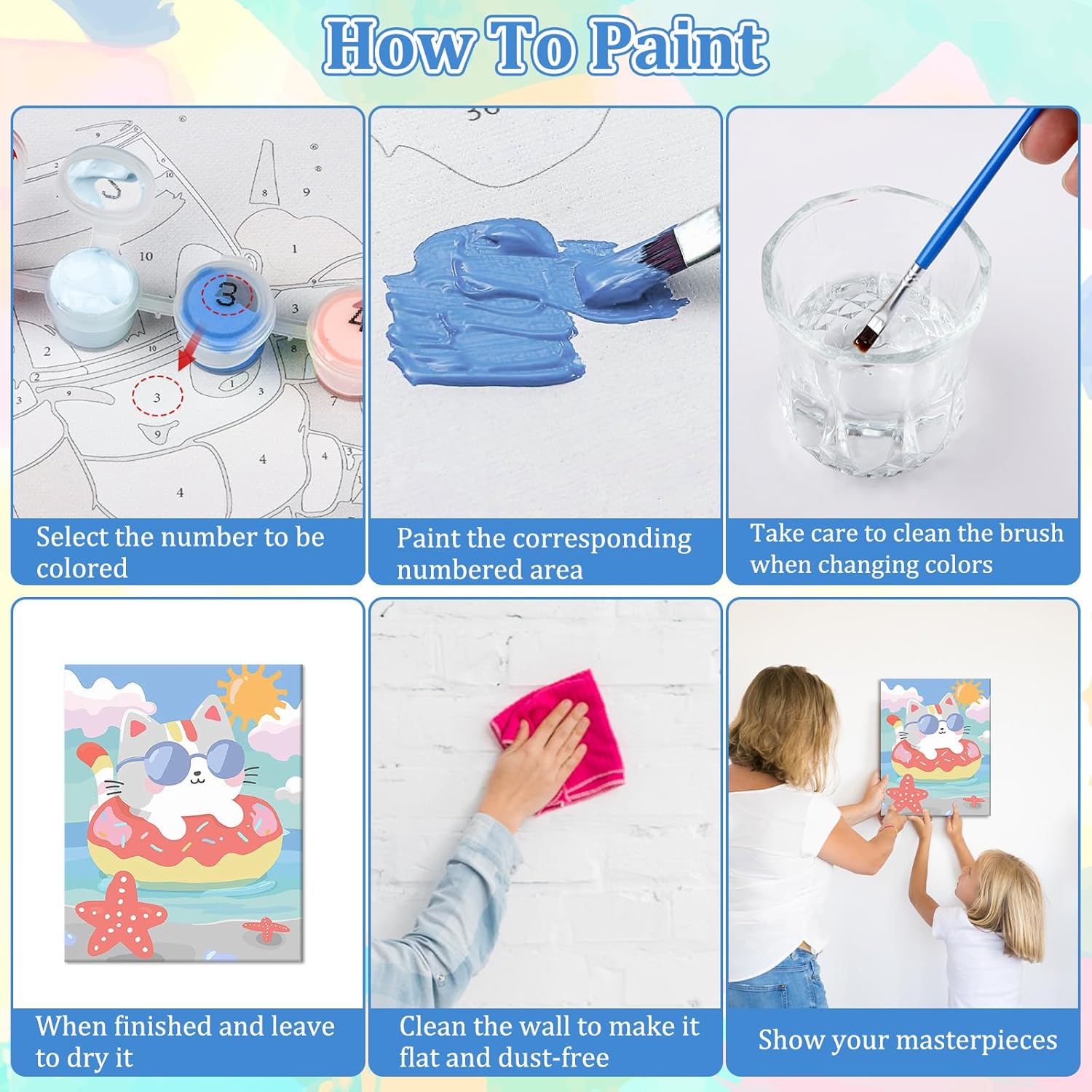 MAXBYE 2 Pack Paint by Numbers Kit for Kids Ages 8-12, Cute Cat Donut Paint by Number with Pre Drawn Canvas Boards, Easy Acrylic Arts and Crafts Oil Painting for Kids Home Wall Decor 8x8 in