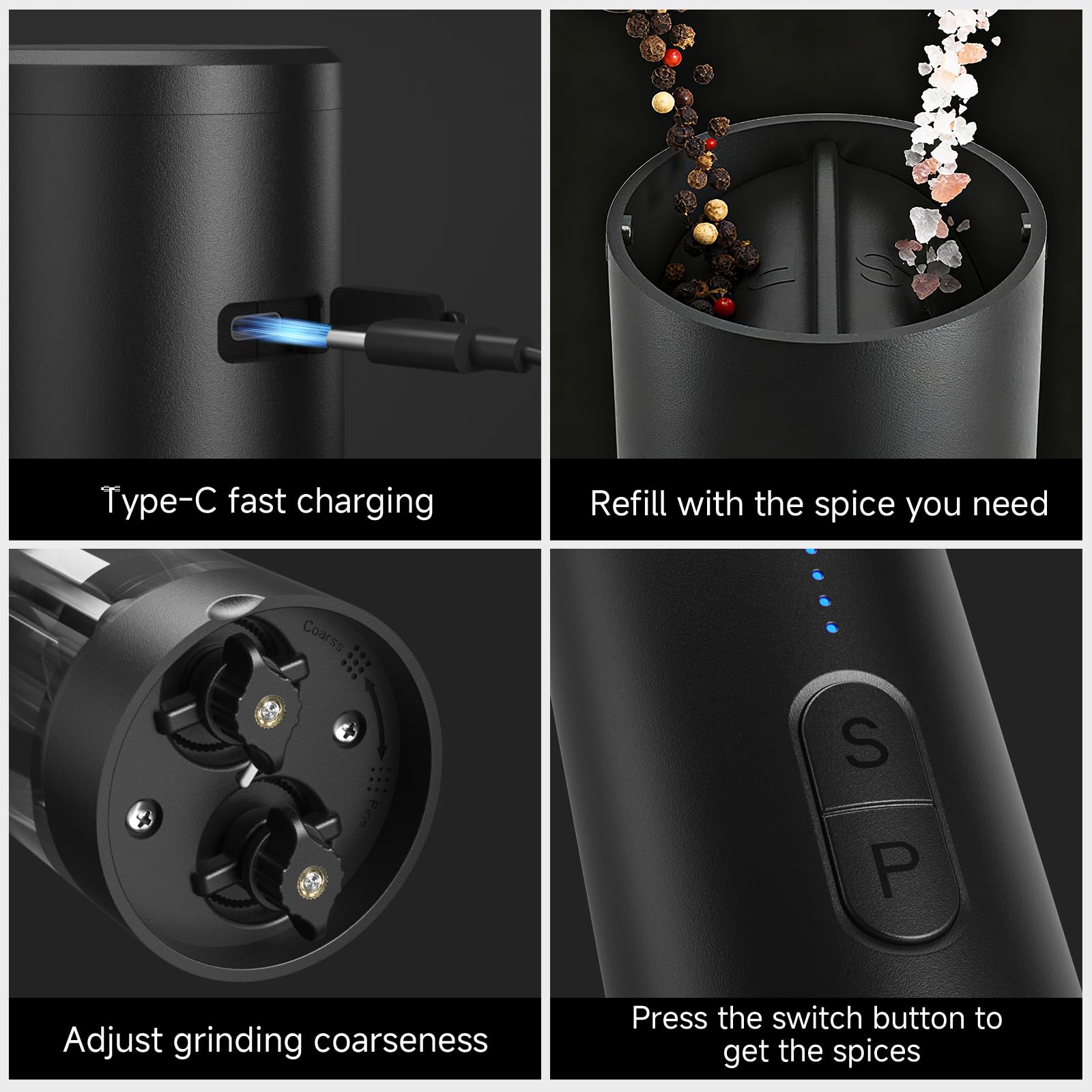 Moulin à Sel et Poivre Électrique 2 en 1 Rechargeable avec Éclairage LED, Réglable, Grande Capacité, Noir