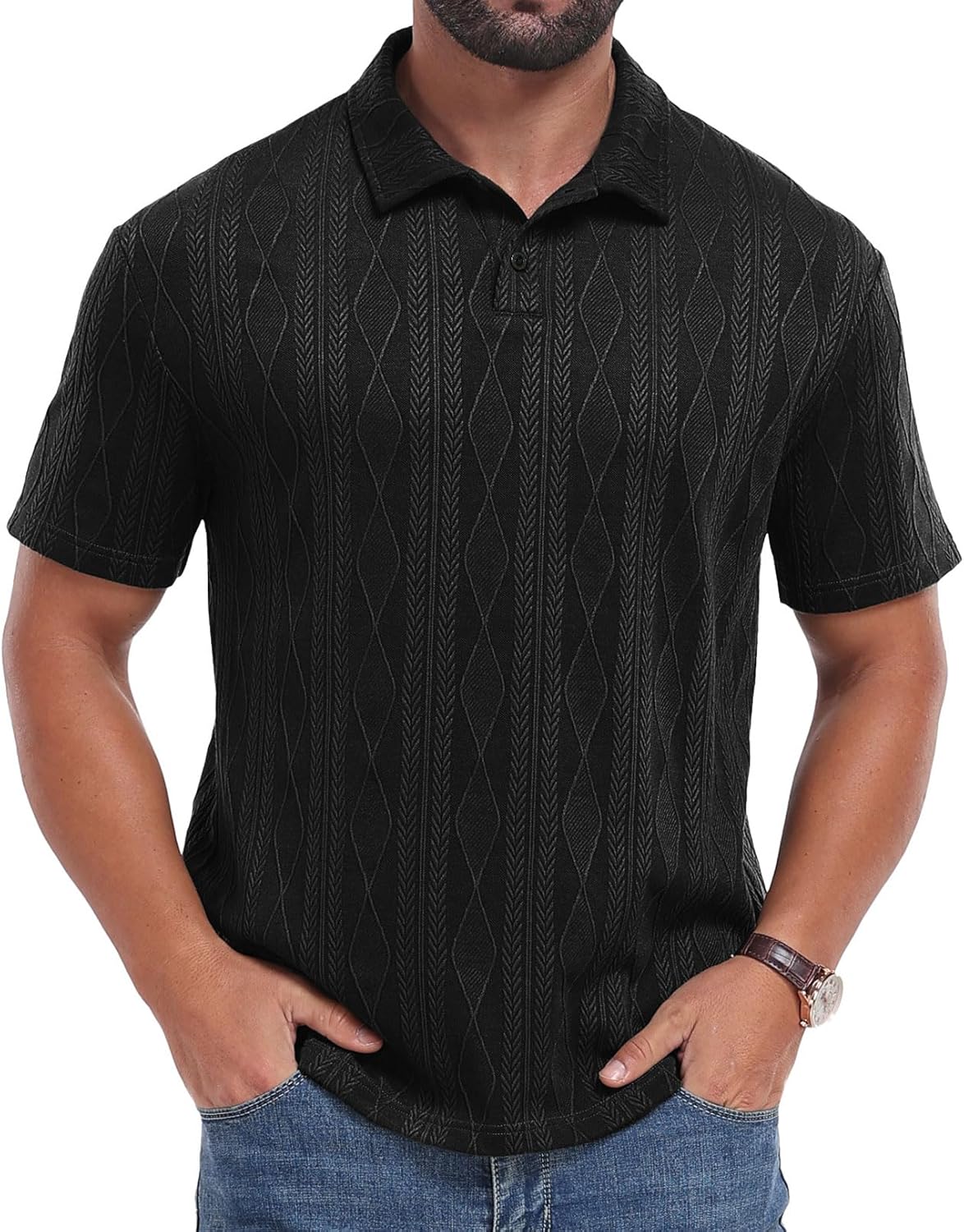 Sailwind Men's Short Sleeve Texture Polo Shirts Casual Summer Classic Collared Golf Shirt Black X-Large image 4 of 5 B0F5PPGKNP