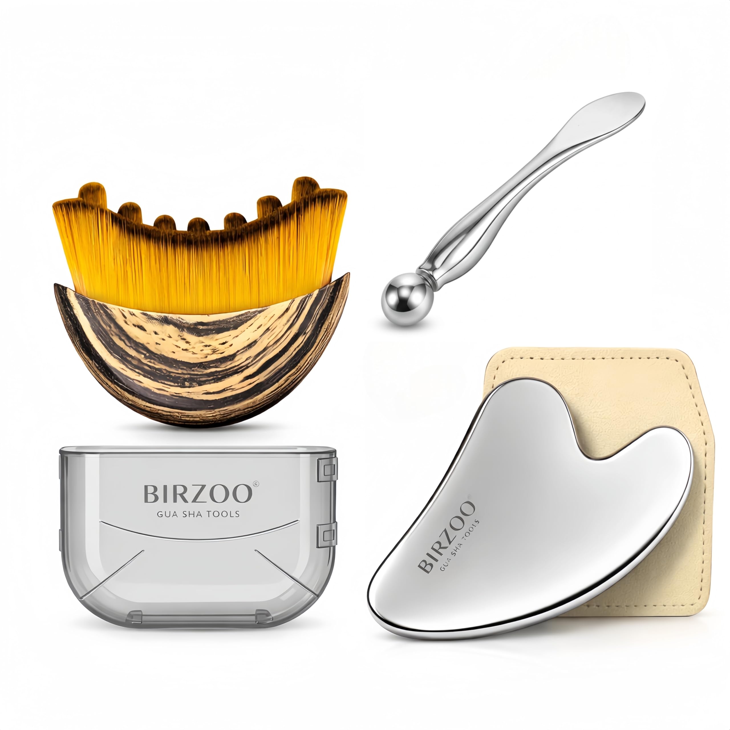 BIRZOO Gua Sha Tool for Face, Lymphatic Contour Face Brush & Massage Set