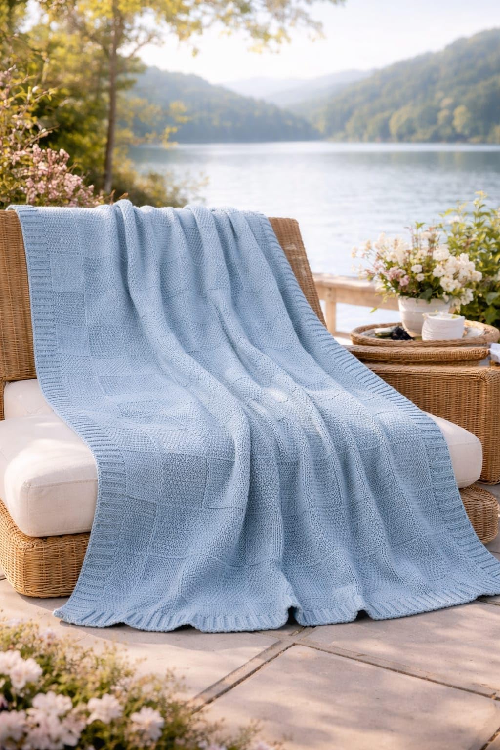 HOME Plaid arredo 130x160 cm – Coperta leggera e morbida – Ideale per divano e poltrona – Stile elegante primavera estate – (Azzurro)