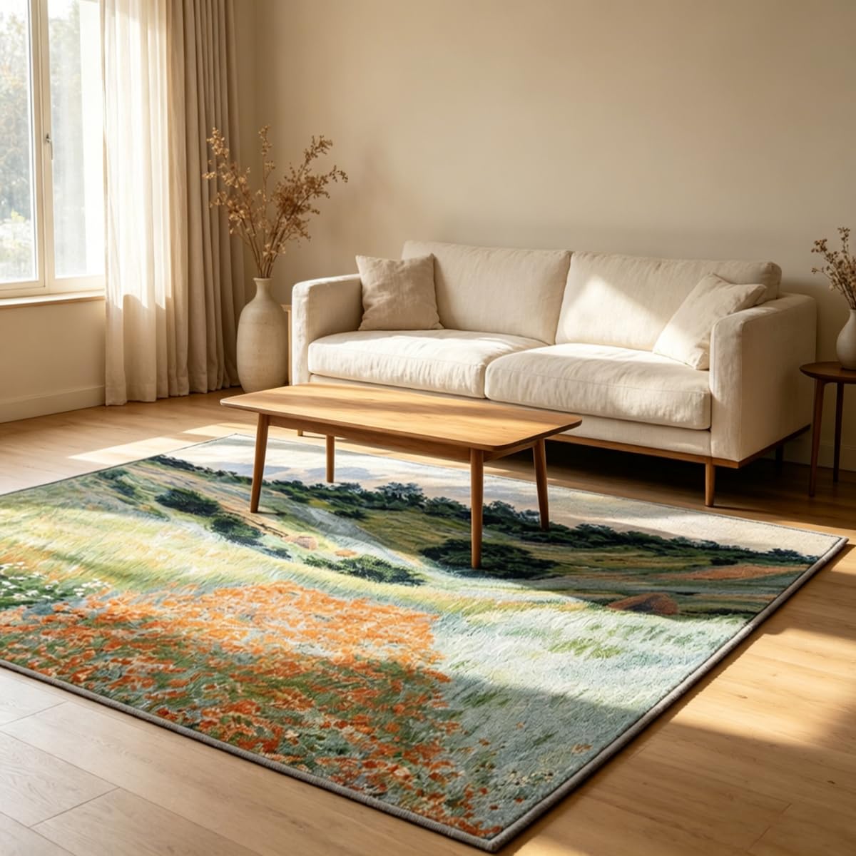 Tapis antidérapant et lavable grand format 180x200cm pour salon au style botanique