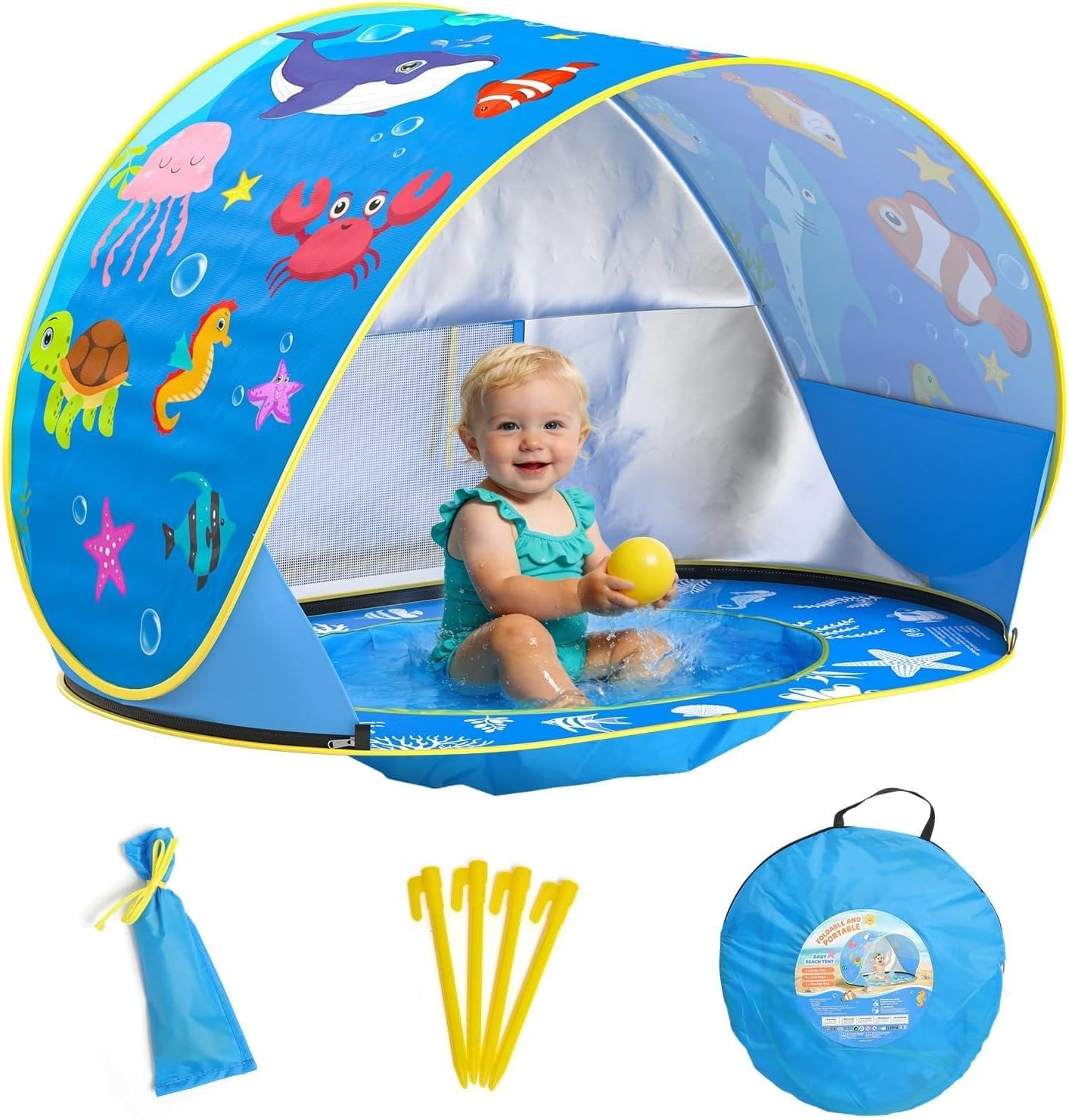 Baby Beach Tent with Pool, Pop Up Beach Tent UV Protection Sun Shelter for Infant Toddlers, Portable Shade Pool Tents Baby Beaches Essentials with Carry Bag for Outdoor, Travel, Camping