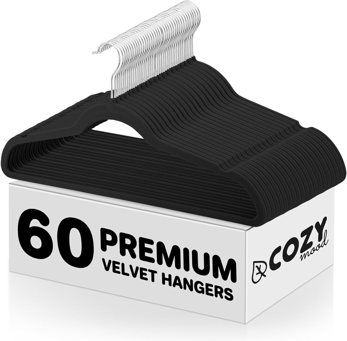 Cozymood Black Velvet Hangers 60 Pack, Non-Slip, Durable Clothes, Space Saving Suit Hangers, No Shed, 360 Rotating Hook