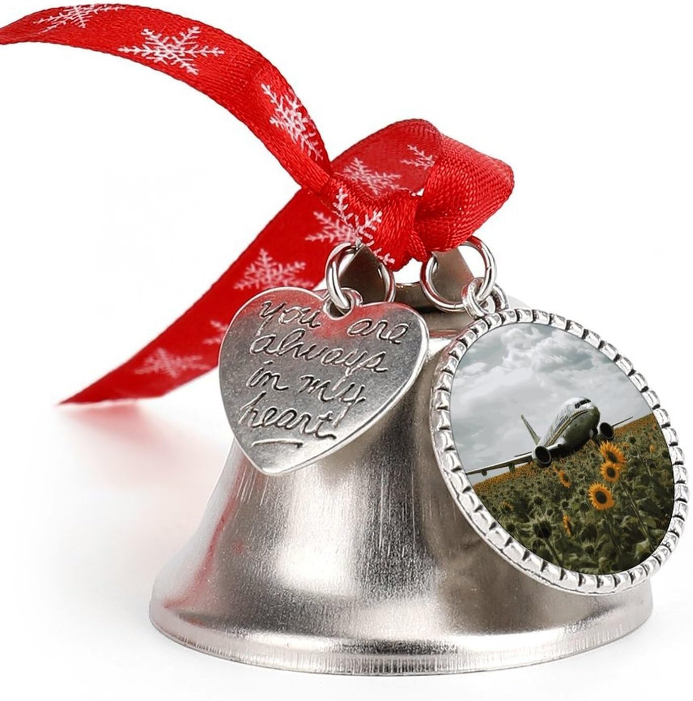 Plane Flies to Sunflower Field Christmas Bells Ornaments Tree Jingle Bells Decors Xmas Silver Bell Hanging Decoration Pendants for Weddings Parties Christmas Wreaths