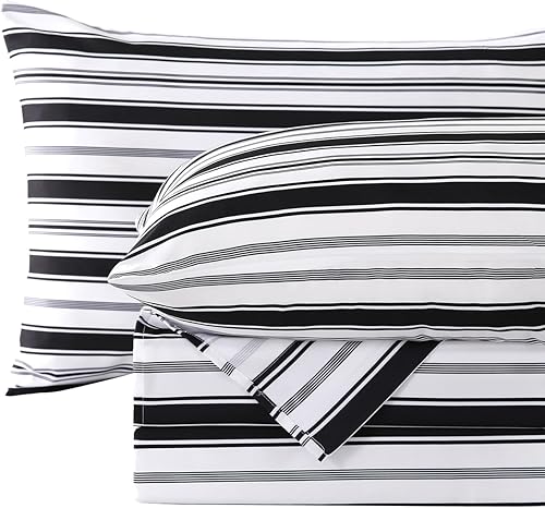 MCO Juego de sábanas a rayas de 4 piezas, juego de sábanas transpirables tamaño King con bolsillo profundo de 16 pulgadas, moderno y lujoso, juego
