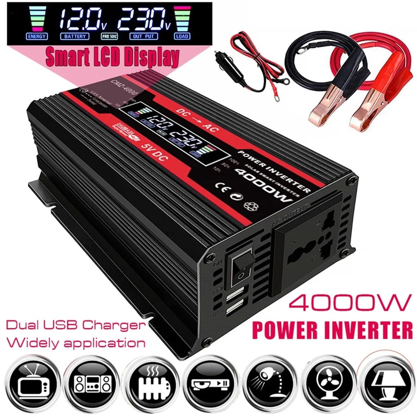 Falownik, 4000W samochodowy przetwornik inwertera wyświetlacz LCD transformator napięcia adapter zmodyfikowany sinusoidalny ładowania(Nero)