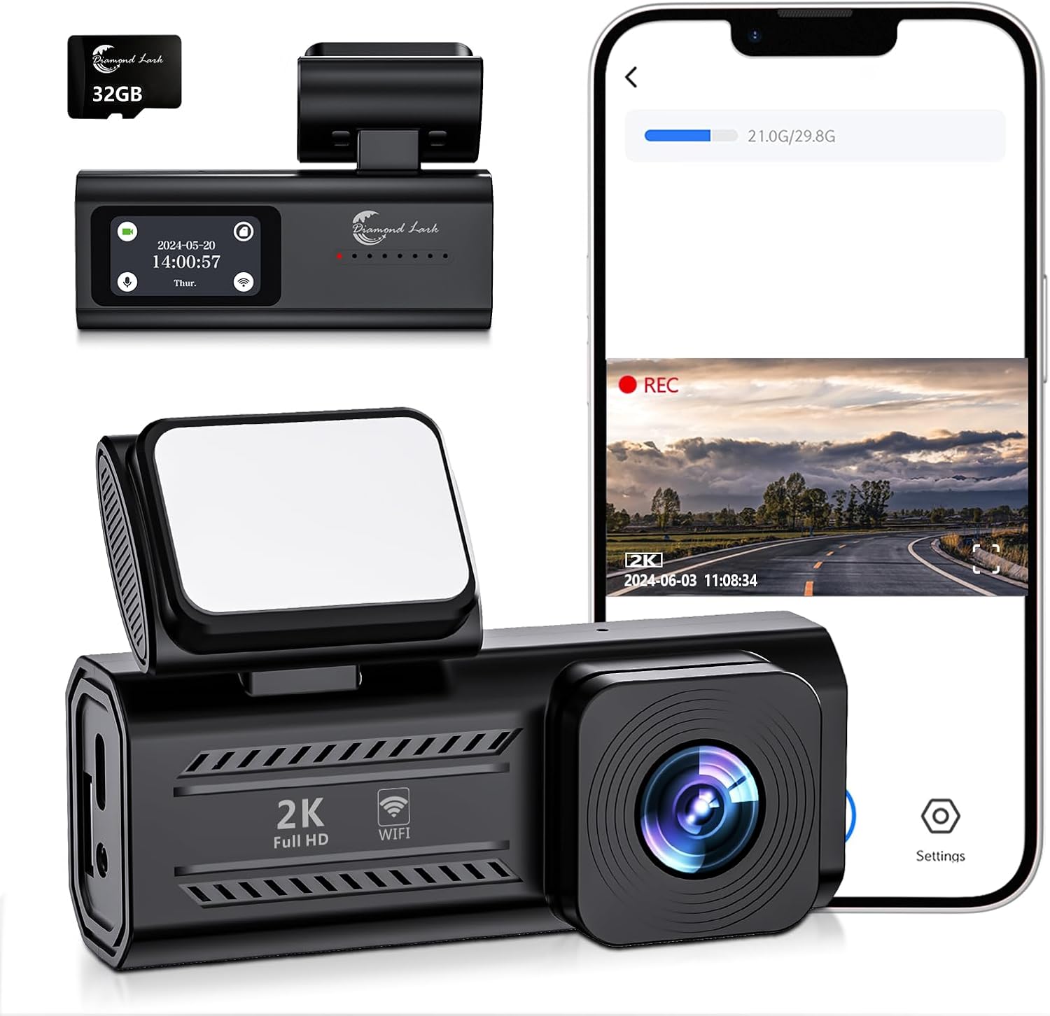 2K Front Dash Cam with WiFi, Diamond Lark 1440P Dash Camera for Cars with Free 32GB Card, Dashboard Dashcam, 1.47” LCD Screen, 170°Wide Angle, 24H Parking Mode, Night Vision, Detachable Bracket 2K Front Dash Cam with WiFi, Diamond Lark 1440P Dash Camera for Cars with Free 32GB Card, Dashboard Dashcam, 1.47” LCD Screen, 170°Wide Angle, 24H Parking Mode, Night Vision, Detachable Bracket