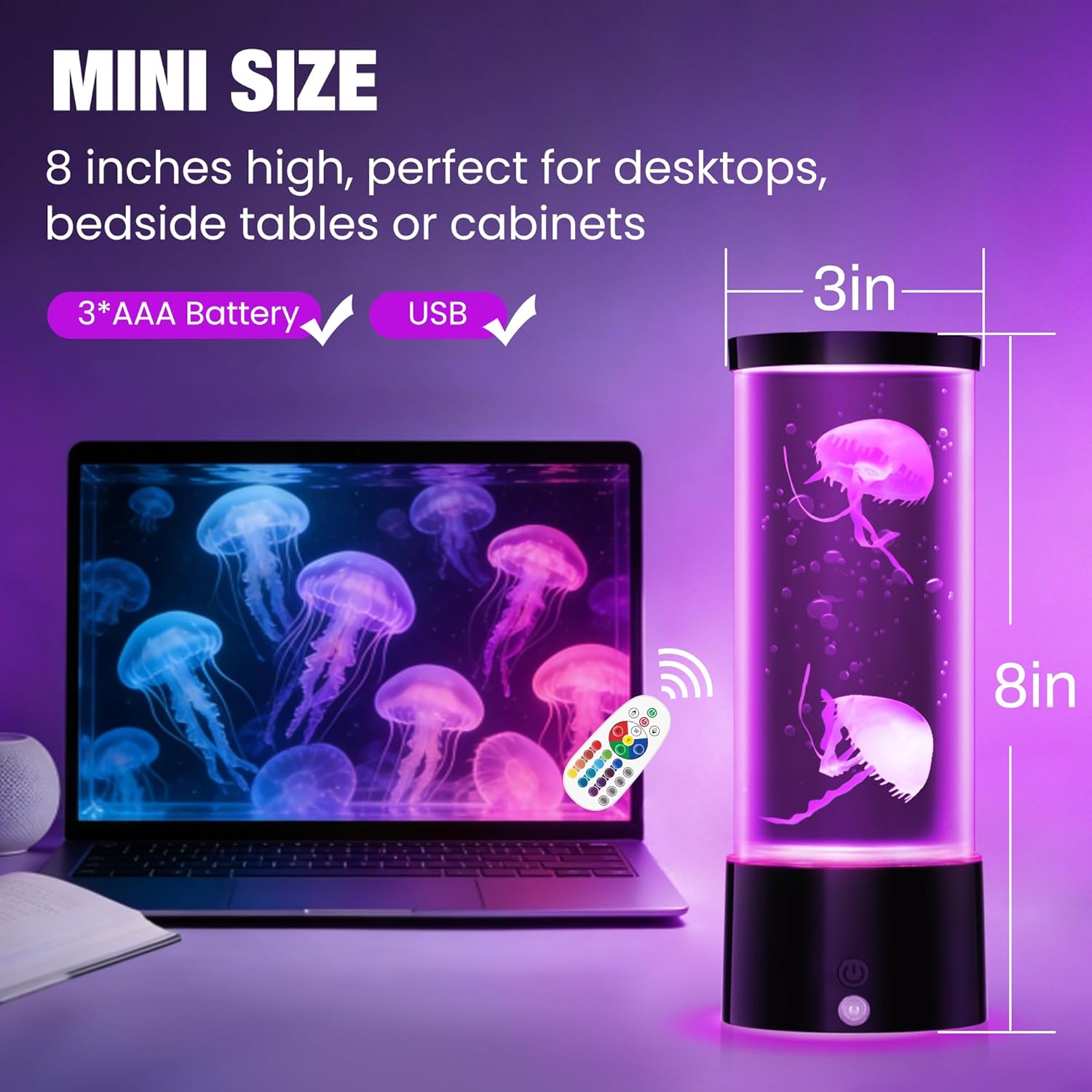 Mini Jellyfish Lamp with Remote, 17 RGB Colors & 4 Lighting Modes, Silent Water Flow Aquarium Night Light, USB-C or Battery Powered Decorative Mood Lamp for Home & Office
