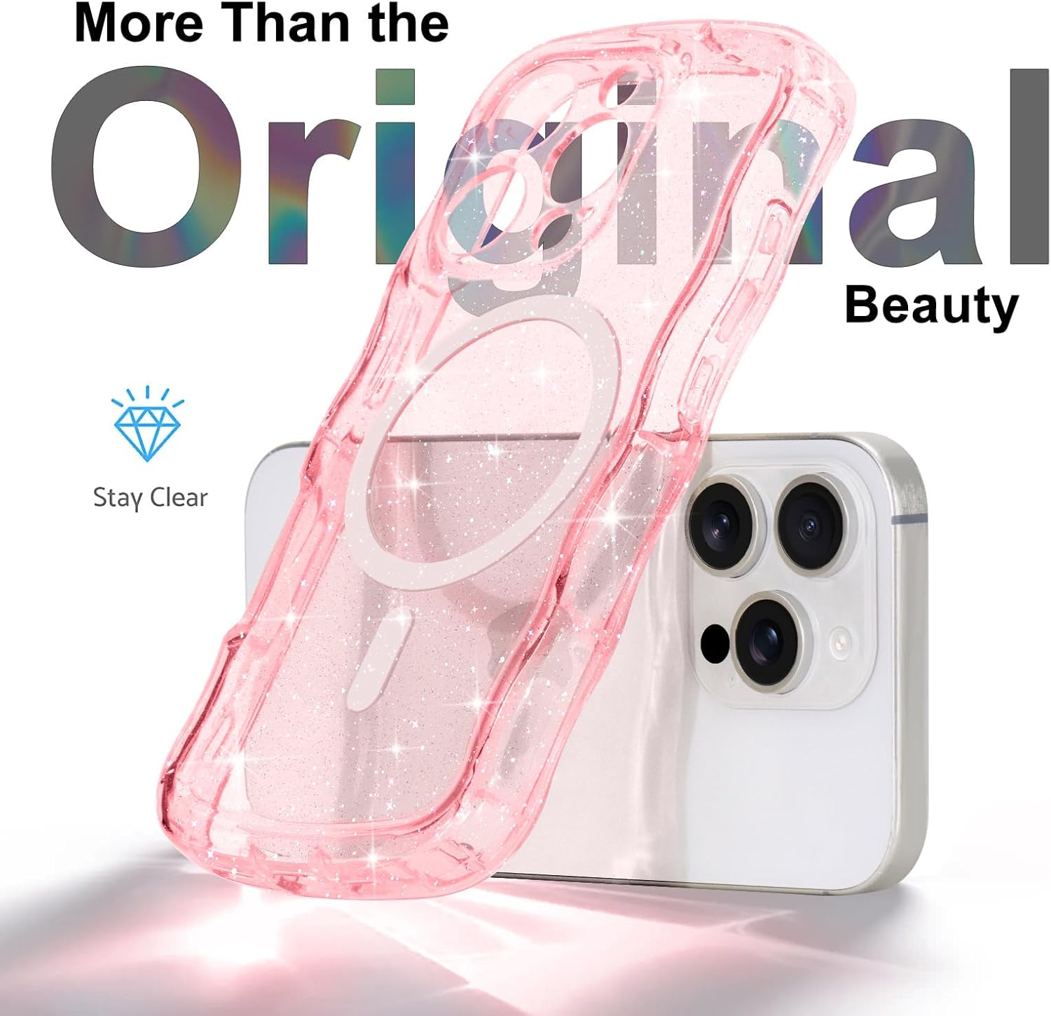 Magnetic for iPhone 16 Pro Max Case Clear, Sparkly Bling Glitter Cute Curly Wave Cover for Women Men Compatible with MagSafe TPU Shockproof Protective Phone Case for iPhone 16 Pro Max, Pink - Image 3