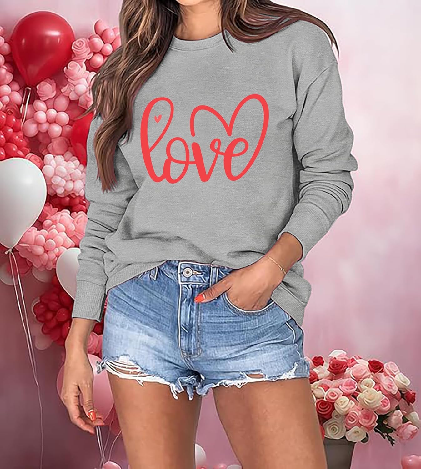 Women Valentines Sweatshirt Love Heart Graphic Print Shirts Valentine’s Day Shirt Vintage Pullover Tops - Image 2