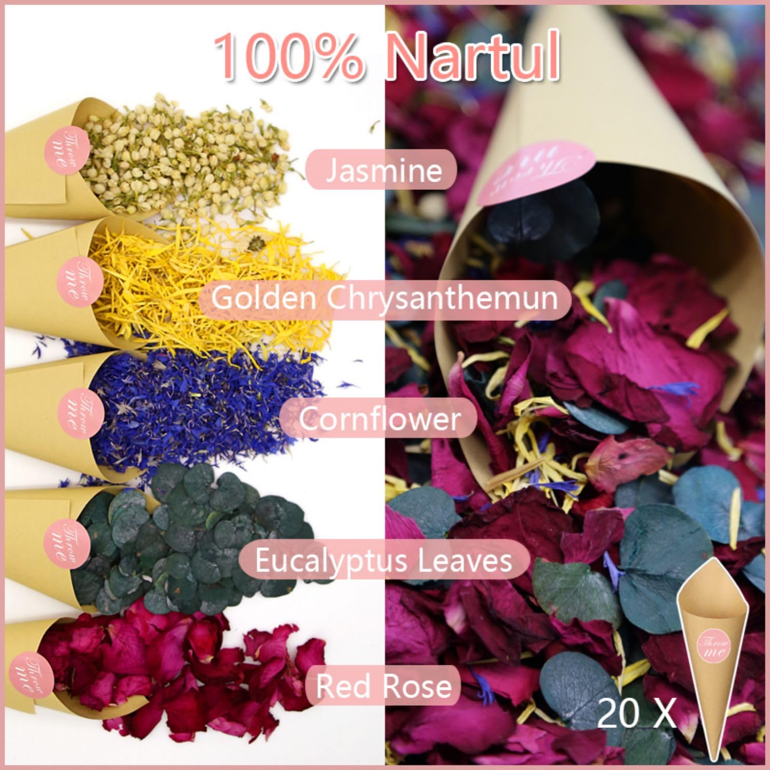 2 QT getrocknete Rosen & Eukalyptusblätter Mix Blütenblätter, 20+ Tassen natürliches biologisch abbaubares Konfetti, enthält Chrysanthemen, Jasmin, Kornblumen, Blumen für Blumenmädchen, Körbe,