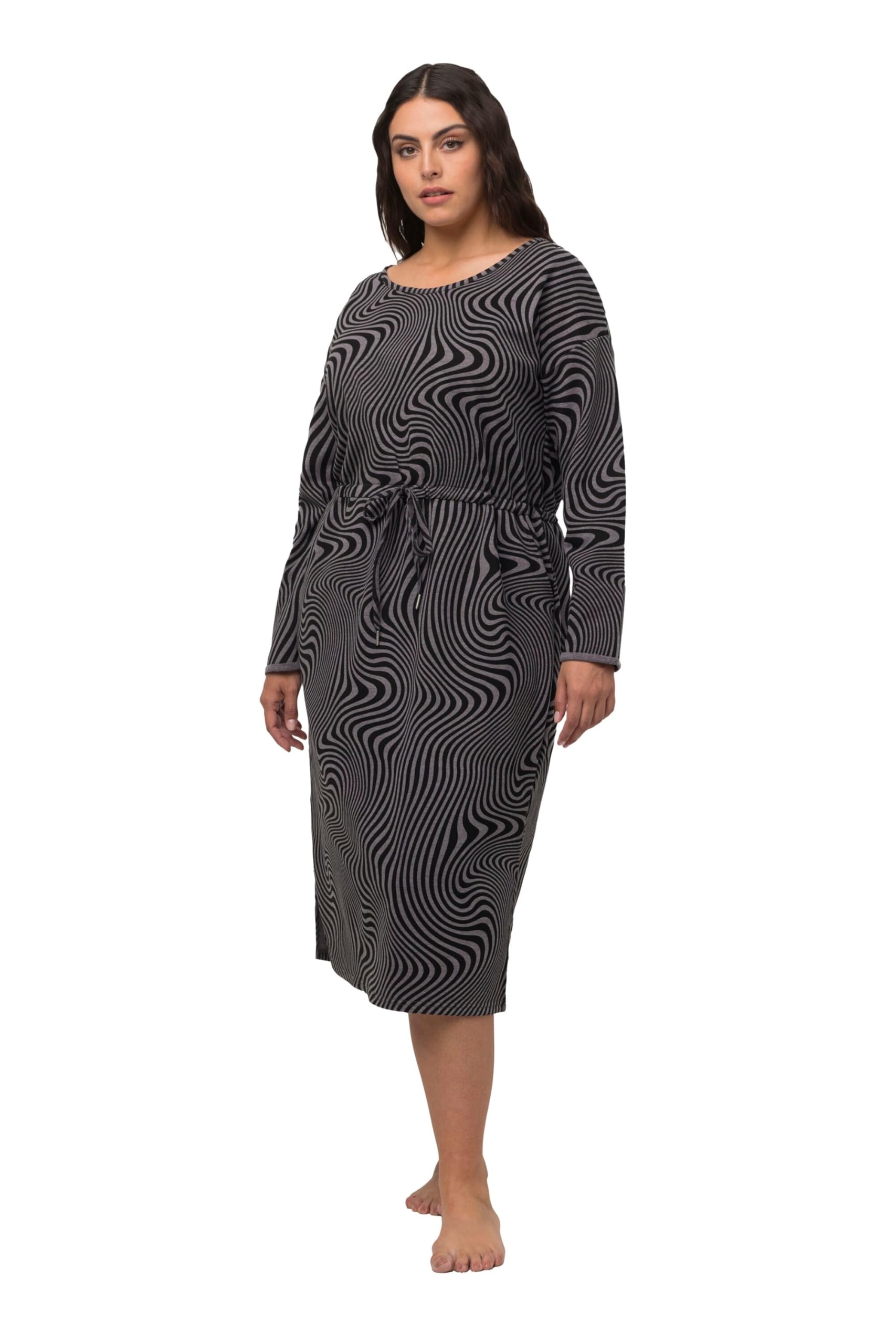 Ulla Popken Damen große Größen Übergrößen Plus Size Loungewear-Kleid, Oversized, Rundhals, Langarm, Taschen 821546