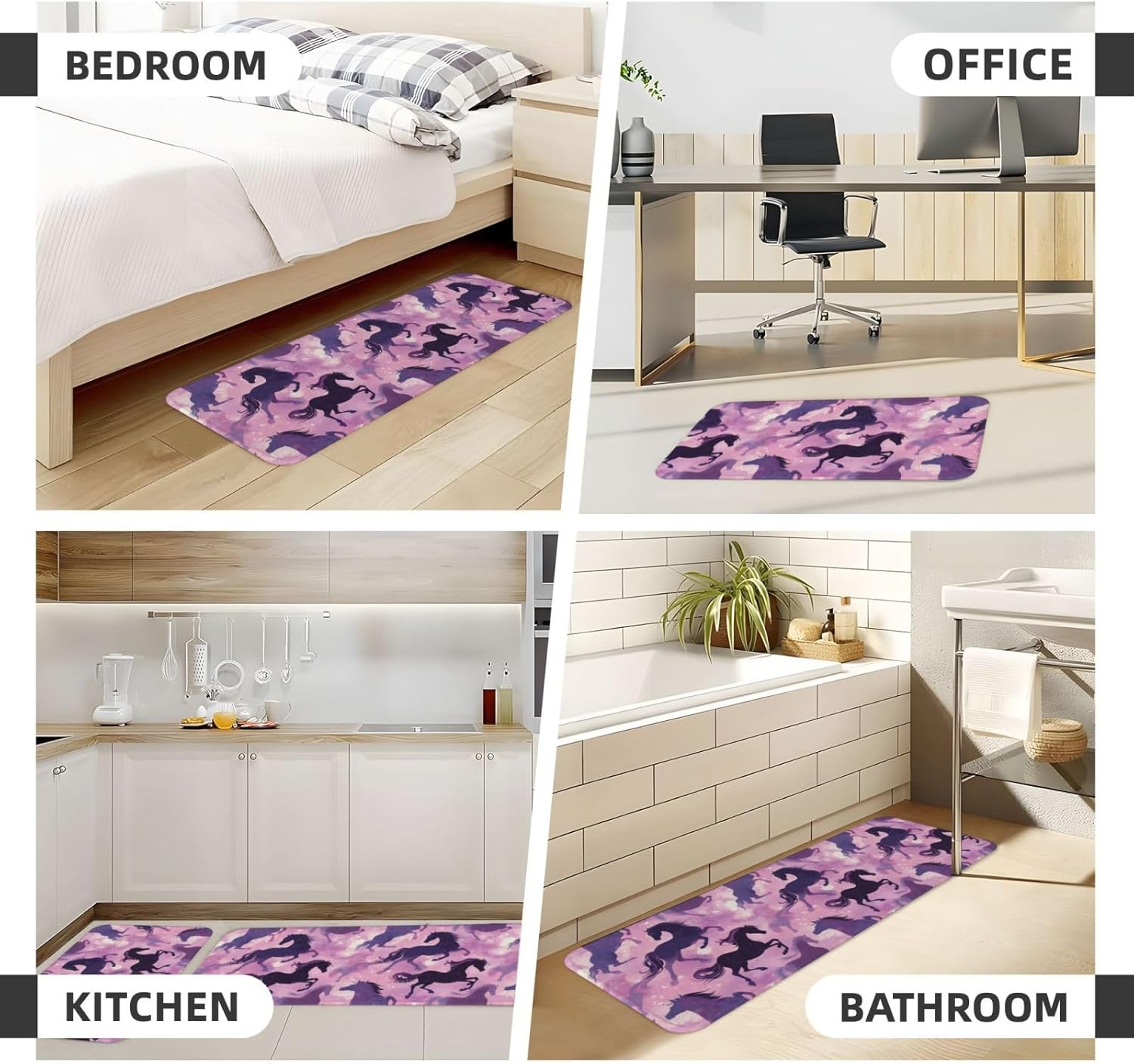 Purple Horse Print Kitchen Rugs Sets of 2 Non Slip Washable, Anti Fatigue Kitchen Mats for Floor, Home Decor