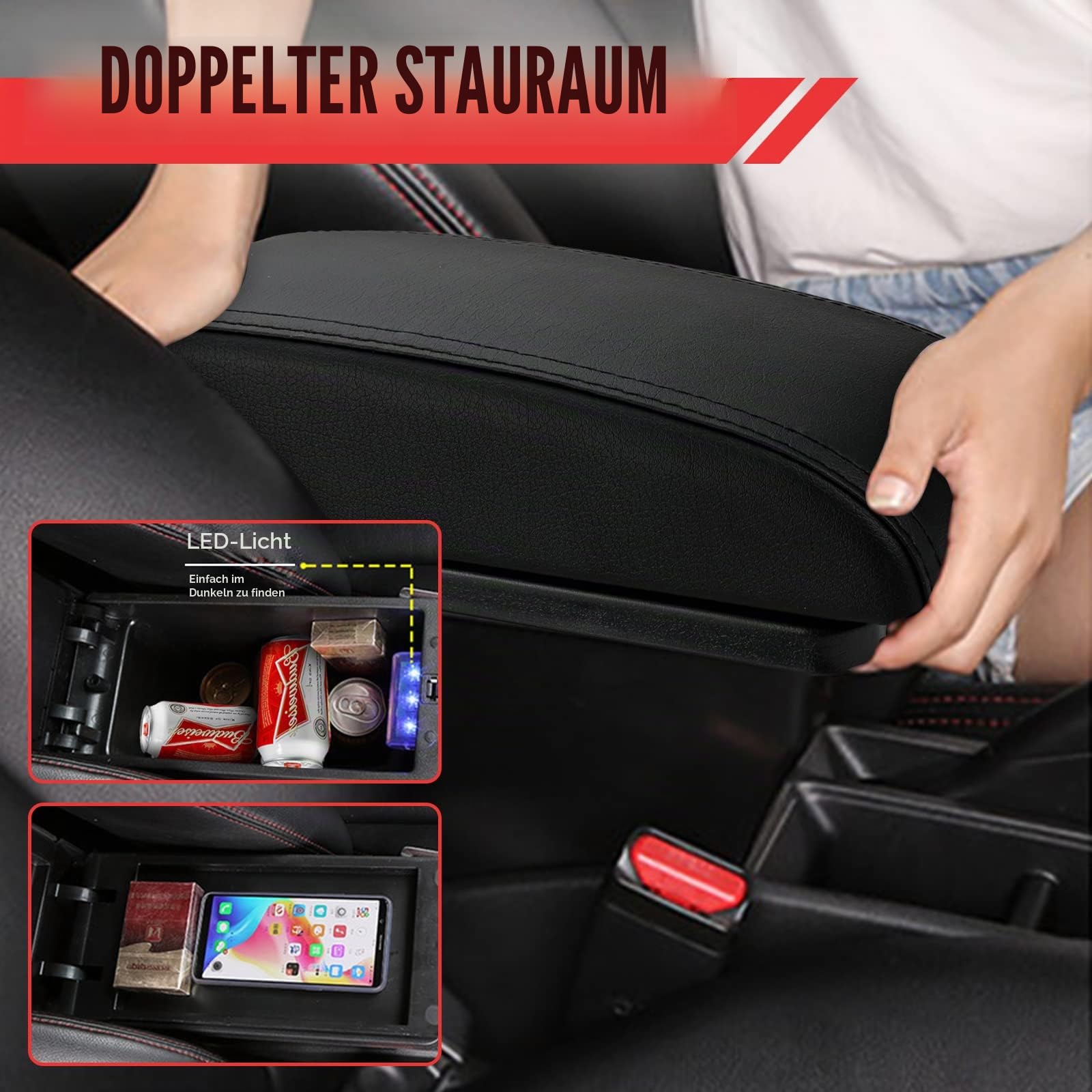 Auto Armlehnen für Fiesta 2009-2017, Zweilagige Armlehne mit 7 USB Ladeanschlüssen, Schwarzes PU Leder, Mittelkonsolen Aufbewahrungsbox
