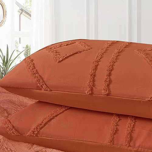 Miniatura 7 de Juego de edredón de tamaño King, color naranja quemado, juego de cama reversible con textura geométrica jacquard y copetudo, 3 piezas, 104 x 90