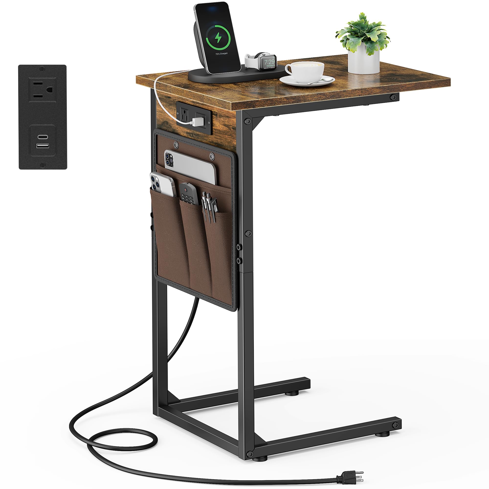 Vagusicc C Shaped End Table with Charging Station, Small Side Table for Couch, Tall Sofa Table Couch Side Tables, Slide Under Sofa Table TV Tray Arm C