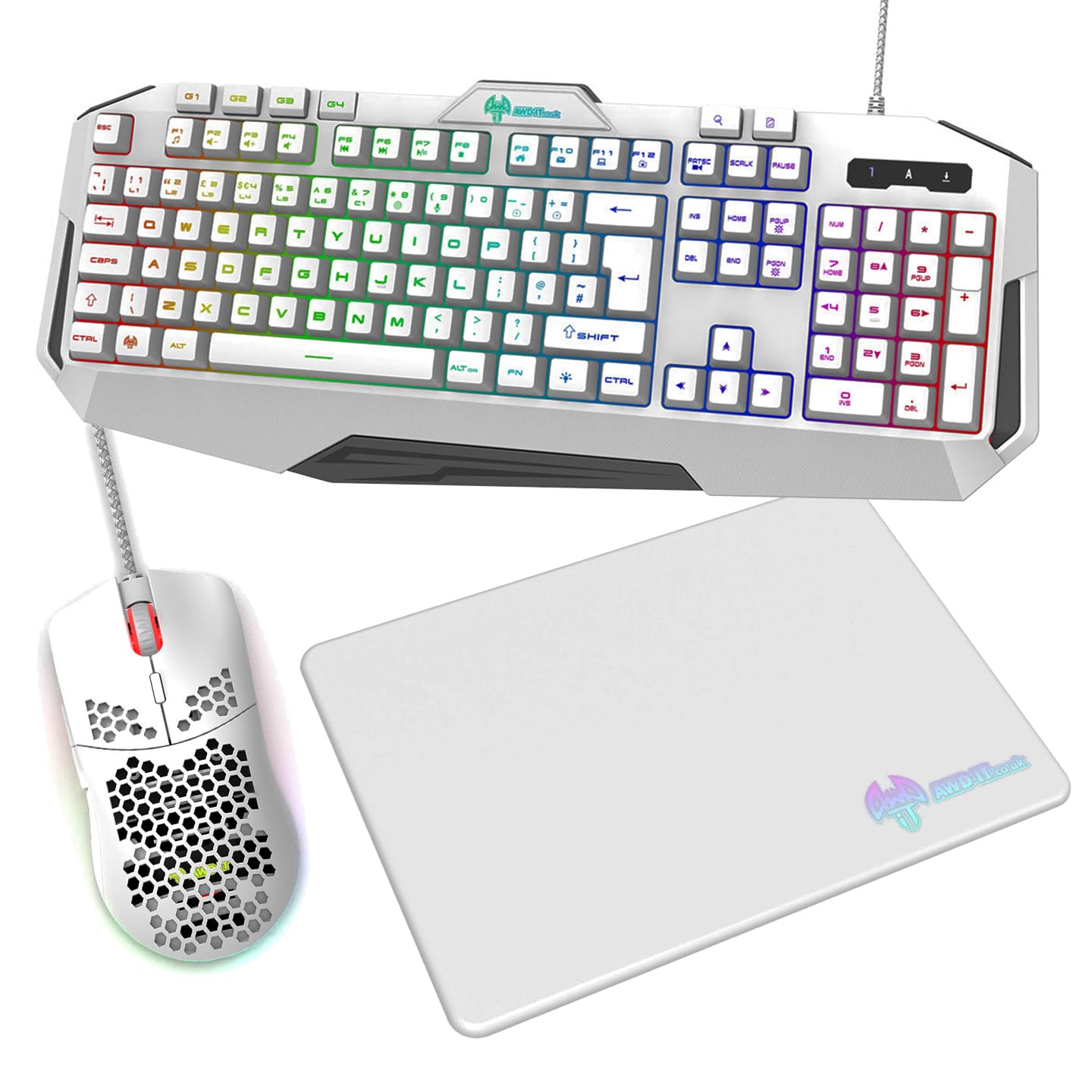 AWD-IT Nebula V2 Gaming Bundle 7 Colour LED RGB Keyboard with Pulsing Mouse and Mat Combo Kit (White)