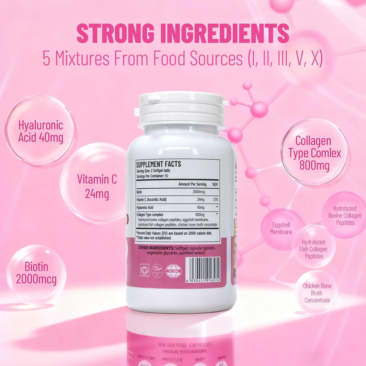 Multi Collagen Peptides Softgels for Women - Type I, II, III, V, X - Hydrolyzed Collagen Pill with Hyaluronic Acid, Vitamin C & Biotin, 100 Count - Image 3
